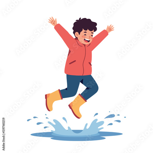 Cheerful boy in bright raincoat joyfully jumping into a puddle, minimal style, capturing playful spirit, vector illustration