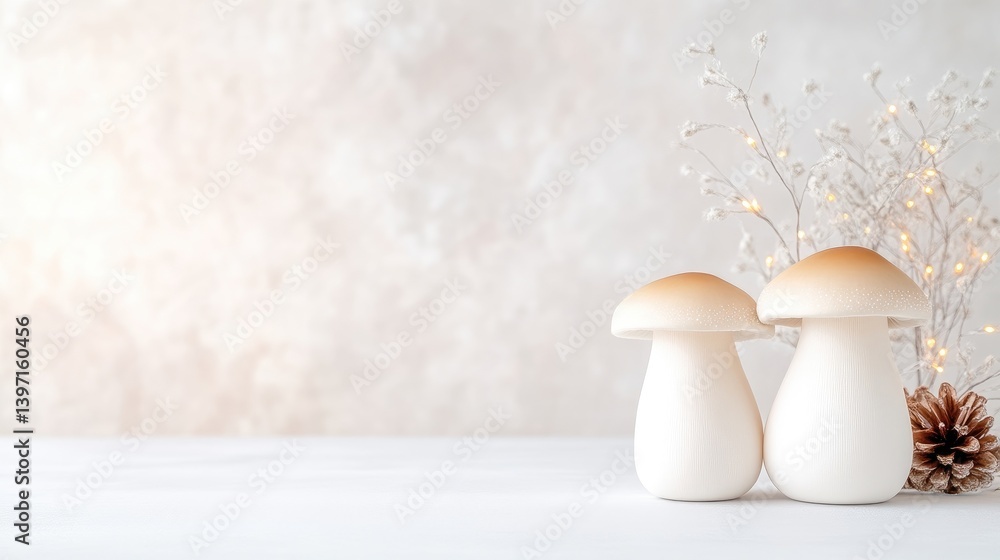 Two small, cream-colored mushrooms on a white surface, with a sprig of delicate flowers and fairy lights Two small, cream-colored mushrooms on a white surface, with a sprig of delicate flowers and fairy lights