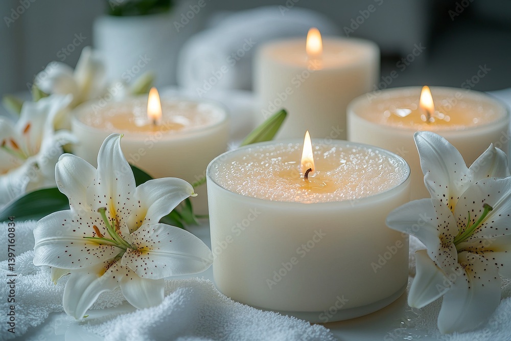 Stock photo featuring spa candles and lilies in extreme macro closeup with shallow depth of field Stock photo featuring spa candles and lilies in extreme macro closeup with shallow depth of field