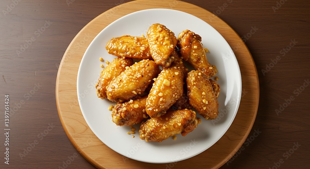 Serving Fried Chicken Wings on a Plate with Wooden Board Serving Fried Chicken Wings on a Plate with Wooden Board