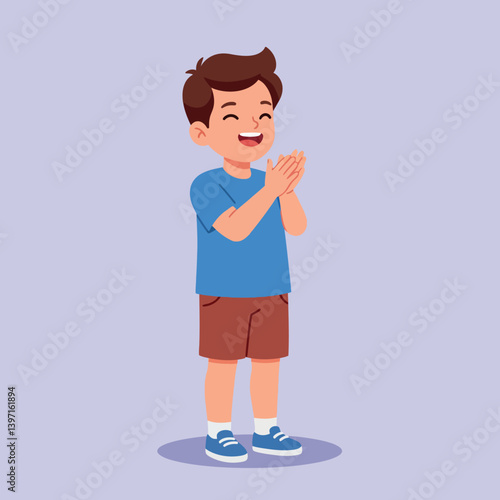 Happy young boy clapping joyfully while standing on a light purple background in a flat vector illustration style