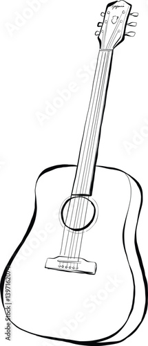 Illustration hand-drawn acoustic guitar in black and white style vector isolated 