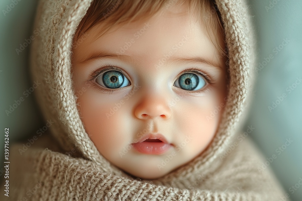 Stock photo featuring a closeup of a baby in a knitted bonnet Stock photo featuring a closeup of a baby in a knitted bonnet