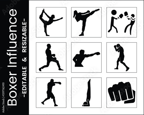 Various Silhouette Illustrations Featuring Boxing And Martial Arts Elements In Square Frames