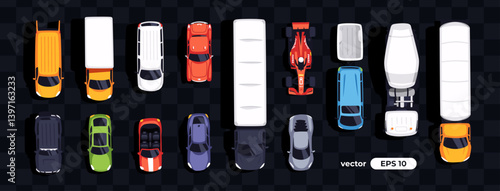 Top view cars set isolated. View from above. Cute cartoon transport. Modern urban vehicle. View from the bird's eye. Realistic car design. Flat style vector illustration. Truck. concrete mixer.