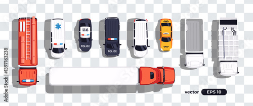 Top view cars set isolated. View from above. Cute cartoon transport. Modern urban vehicle. Realistic design. Flat style vector illustration. Truck, ambulance, fire truck, garbage truck, police, taxi.