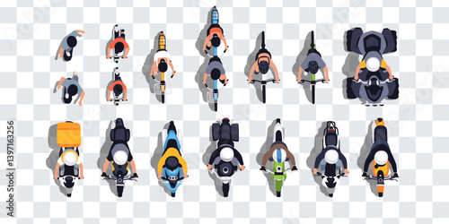 Top view of people set isolated. Men and women. Riding a bicycle, motorcycle, quad bike, scooter, skate. View from above. Cartoon design. Flat style vector illustration. Policeman, delivery man.