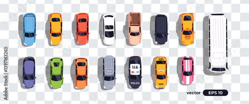 Top view cars set isolated. View from above. Cute cartoon transport with shadows. Modern urban civilian vehicle. View from the bird's eye. Realistic car design. Flat style vector illustration.