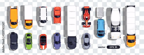 Top view cars set isolated. View from above. Cute cartoon transport. Modern urban vehicle. View from the bird's eye. Realistic car design. Flat style vector illustration. Truck. concrete mixer.