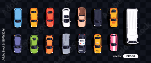 Top view cars set isolated. View from above. Cute cartoon transport with shadows. Modern urban civilian vehicle. View from the bird's eye. Realistic car design. Flat style vector illustration.