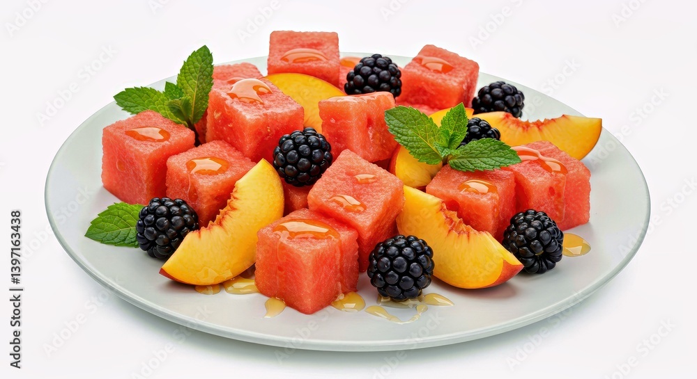 Vibrant Summer Fruit Salad - Watermelon Peach Blackberry Healthy Refreshing Mix Bowl Presentation Vibrant Summer Fruit Salad - Watermelon Peach Blackberry Healthy Refreshing Mix Bowl Presentation