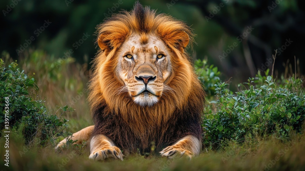 Majestic male lion lying in the grass, showcasing its regal mane. Majestic male lion lying in the grass, showcasing its regal mane.