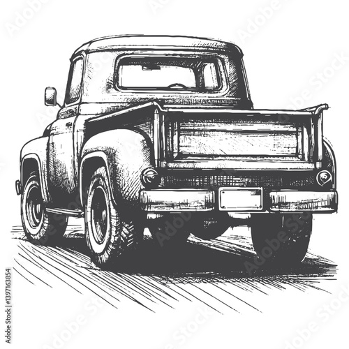 Hand-Drawn Vintage Pickup Truck Vector – Sketch Style Classic Vehicle Illustration for T-Shirts, Stickers, and Posters