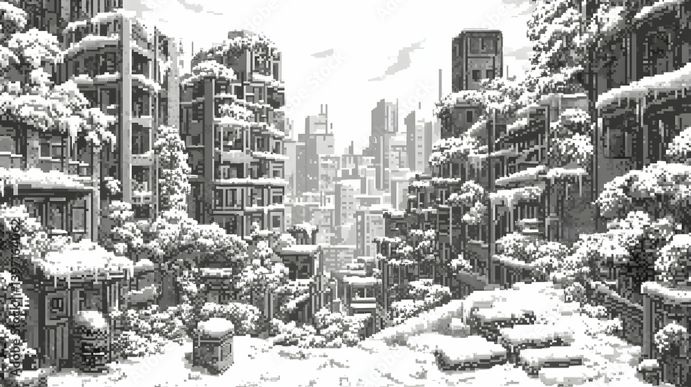 Winter Cityscape in Pixel Art with Snow Covered Buildings and Trees in Grayscale Aesthetic Winter Cityscape in Pixel Art with Snow Covered Buildings and Trees in Grayscale Aesthetic