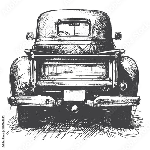 Hand-Drawn Vintage Pickup Truck Vector – Sketch Style Classic Vehicle Illustration for T-Shirts, Stickers, and Posters
