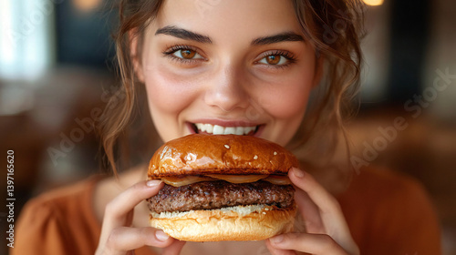 Wallpaper Mural Satisfied Smiles: Close-Up Macro Shot of a Hungry Caucasian Woman Enjoying a Home-Cooked Hamburger Meal Torontodigital.ca