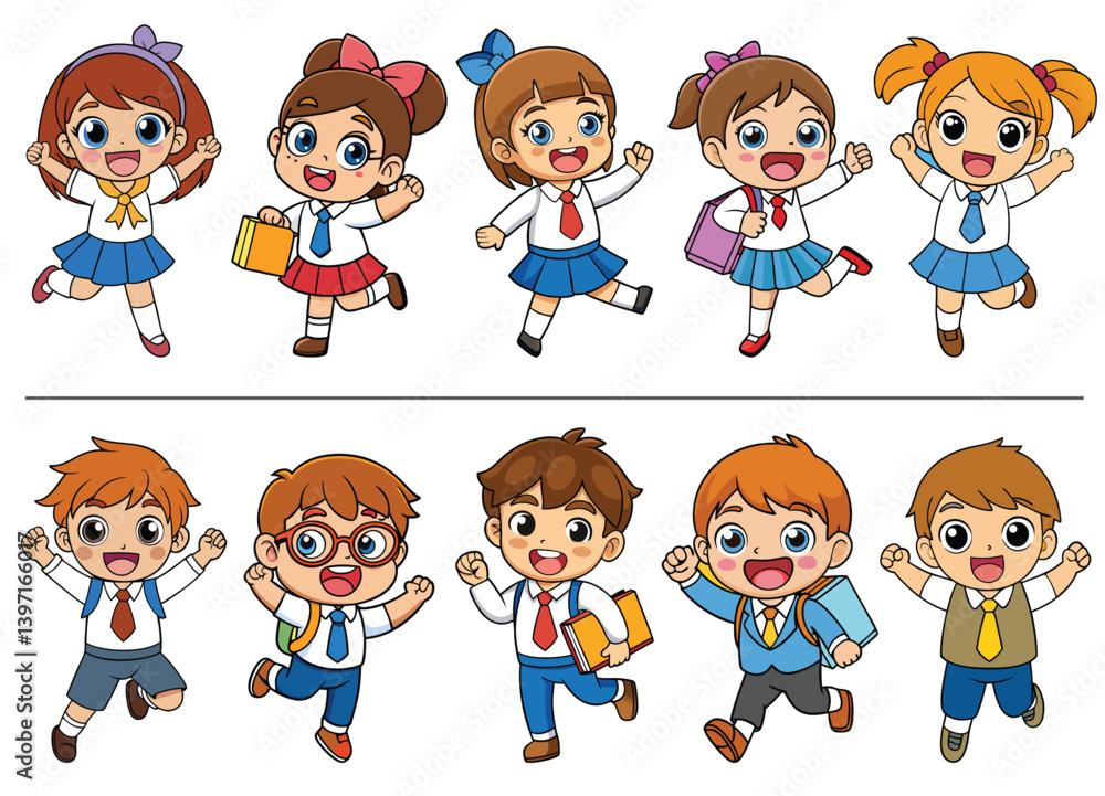 cartoon vector of happy school kids in uniform, perfect for back to school campaigns, educational materials, student illustrations, and classroom decoration themes cartoon vector of happy school kids in uniform, perfect for back to school campaigns, educational materials, student illustrations, and classroom decoration themes