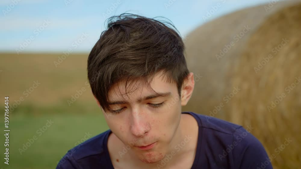 Boy teenager eating pizza in field against round bale background, unhealthy fast food. Young male enjoying slice of pizza outdoors in countryside. Teenage boy savoring fast food amidst peaceful rural Boy teenager eating pizza in field against round bale background, unhealthy fast food. Young male enjoying slice of pizza outdoors in countryside. Teenage boy savoring fast food amidst peaceful rural