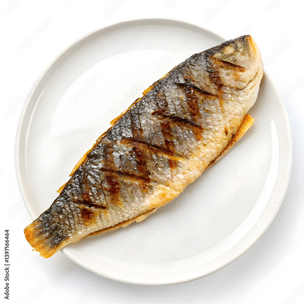 Grilled fish served on a white plate, showcasing appetizing presentation Grilled fish served on a white plate, showcasing appetizing presentation