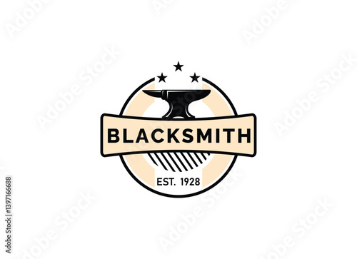 Vintage Hipster Retro Blacksmith Metal Work. Handcraft. Forge Art. Anvil. Iron Works Vector Logo