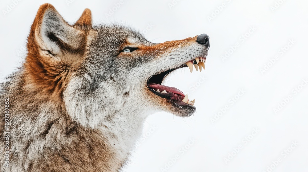Obraz premium A close portrait shows a wolf snarling with teeth bared