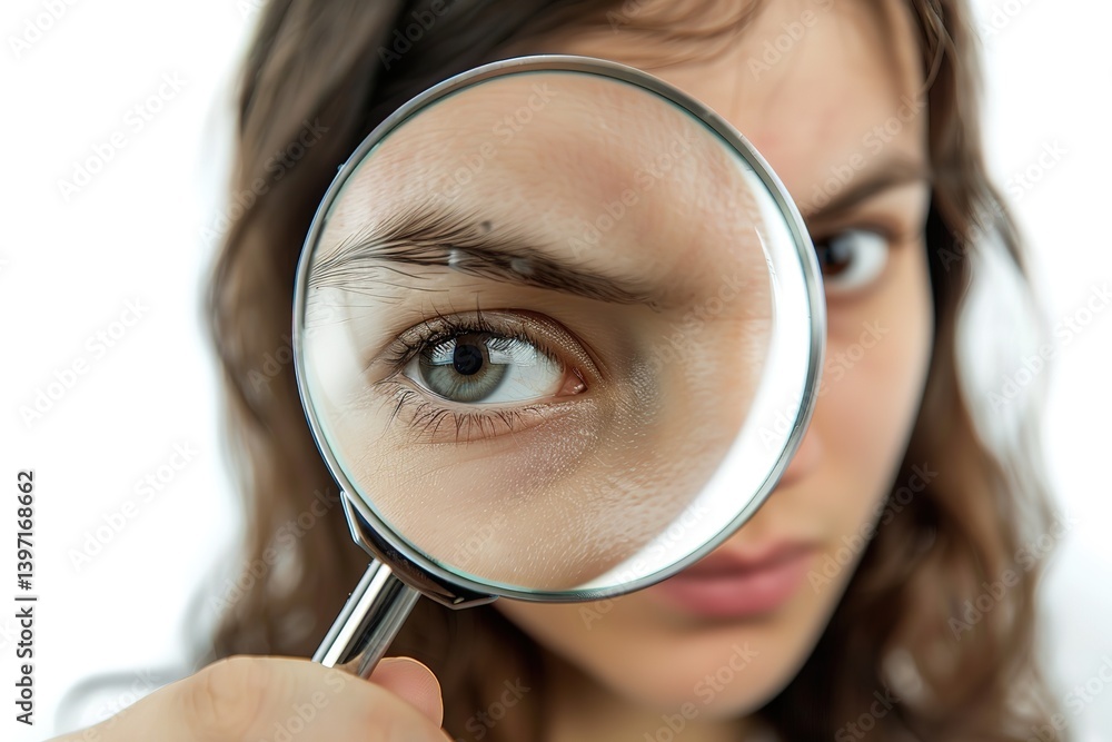 magnifying glass showing couperose on face skin. Woman showing problems magnifying glass showing couperose on face skin. Woman showing problems
