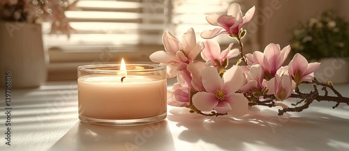Wallpaper Mural A burning candle accompanied by magnolia flowers is set against a neutral fawn-colored studio background, featuring copy space, and was created using generative AI Torontodigital.ca