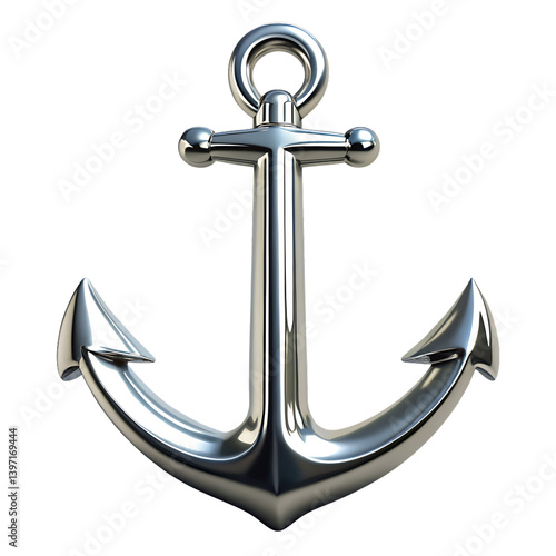 A shiny silver metal anchor isolated on a black background in full view shot on transparent background