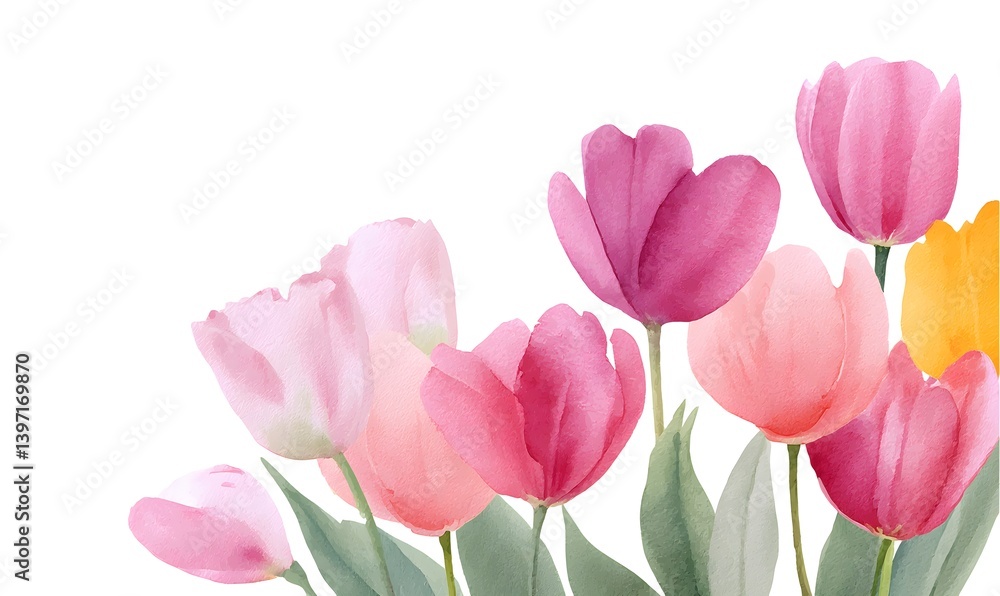 Fototapeta premium tulips watercolor, for frame, white background, Generative AI