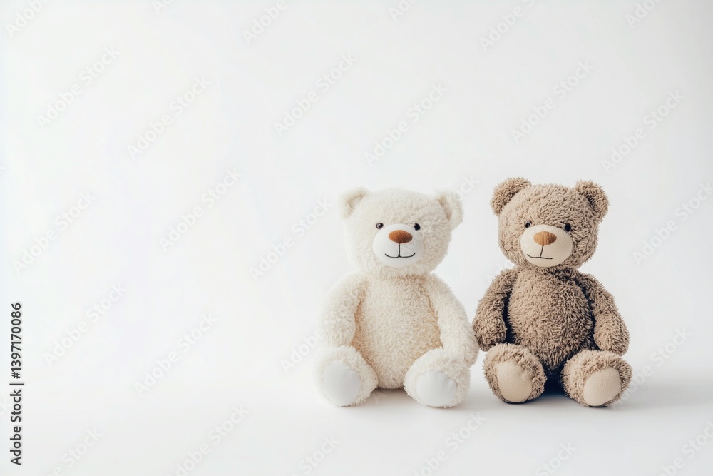 two soft toy teddy bears sitting on a white background, generated AI two soft toy teddy bears sitting on a white background, generated AI