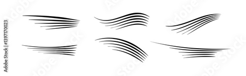Flowing wind motion line. Air logo wave. Air movement and gust symbol pack. Vector