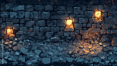 Stone Brick Wall Texture Background with Warm Light Accents in Pixel Art Style