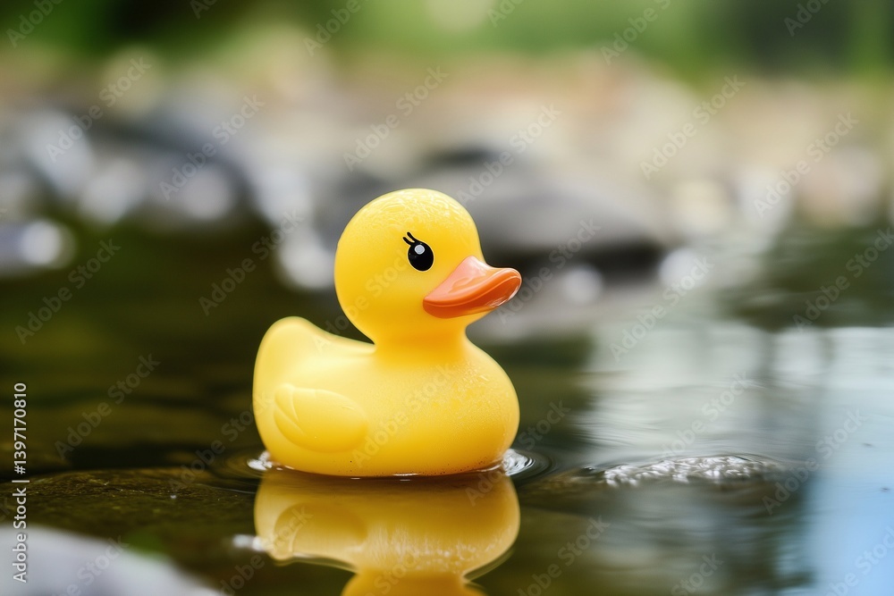 Yellow rubber duckling toy on a river background, generated AI Yellow rubber duckling toy on a river background, generated AI