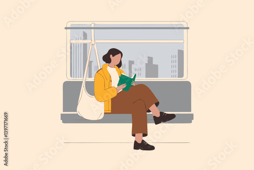 Woman reading a book while commuting on a train or subway, vector illustration.