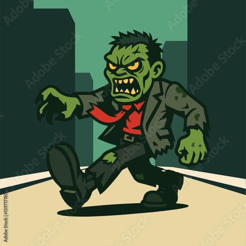 Cartoon zombie monster in a torn suit walking angrily – perfect Halloween design for spooky, fun, and scary themed content.