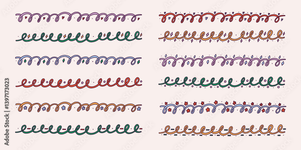 Fototapeta premium Line Wavy Border Set. Wave Undulate Squiggle Border Wiggle Frame Collection. Doodle Vector Illustration