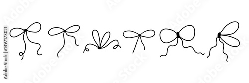 Tiny Bow Ribbon Gift Line Set. Sketch Present Tie Outline Icon Collection. Doodle Vector Illustration