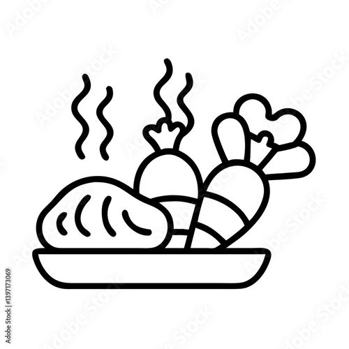 Delicious hot food platter with dumplings and vegetables vector line drawing icon