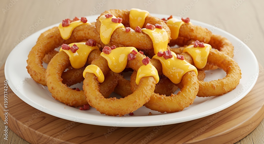 Serving of Onion Rings with Cheese Sauce and Bacon Bites Serving of Onion Rings with Cheese Sauce and Bacon Bites