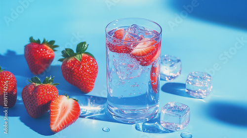 Carbonated water with strawberries and ice cubes on a blue background. Non-alcoholic cocktail. Refreshing summer drink. 
