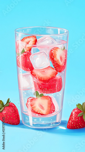 Carbonated water with strawberries and ice cubes on a blue background. Non-alcoholic cocktail. Refreshing summer drink. 