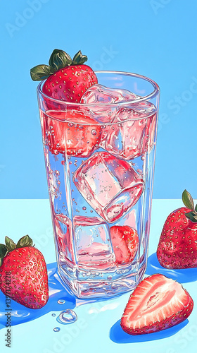Carbonated water with strawberries and ice cubes on a blue background. Non-alcoholic cocktail. Refreshing summer drink. 