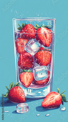 Carbonated water with strawberries and ice cubes on a blue background. Non-alcoholic cocktail. Refreshing summer drink. 