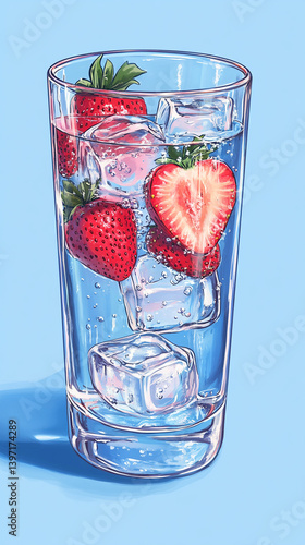 Carbonated water with strawberries and ice cubes on a blue background. Non-alcoholic cocktail. Refreshing summer drink. 