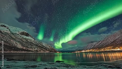 Northern Lights over Fjord, Snowy Mountains