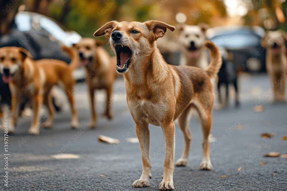 A street dog yawns widely, surrounded by a blurry pack on the asphalt. Illustrates pack behavior, animal welfare, or urban wildlife issues. A street dog yawns widely, surrounded by a blurry pack on the asphalt. Illustrates pack behavior, animal welfare, or urban wildlife issues.