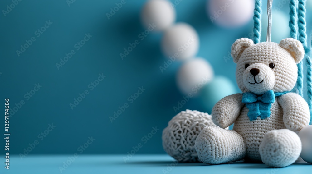 Fototapeta premium Adorable Crochet Teddy Bear with Baby Shower Decor.