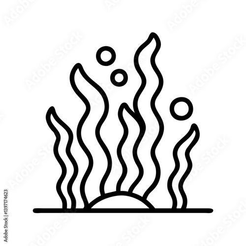 Seaweed vector illustration, underwater plant with bubbles, marine life outline icon