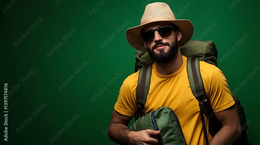 Adventurous Man with Backpacker, Travel, and Green Background. Adventurous Man with Backpacker, Travel, and Green Background.