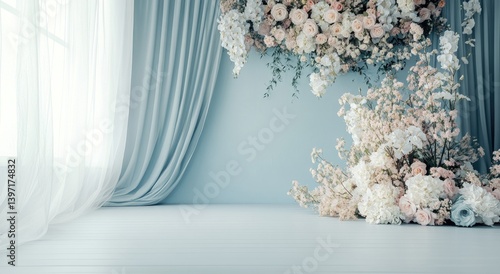 A serene floral arrangement against a pale blue backdrop, accented by sheer curtains.